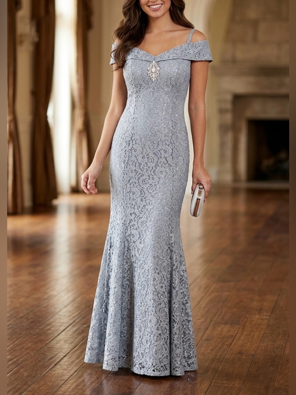 R&M Richards Off-the-Shoulder Shimmer Lace Formal Dress Gown 14P